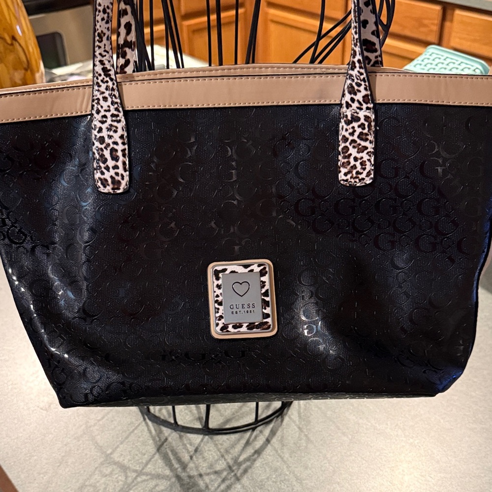 GUESS Black Tote with Tan and Leopard Accents